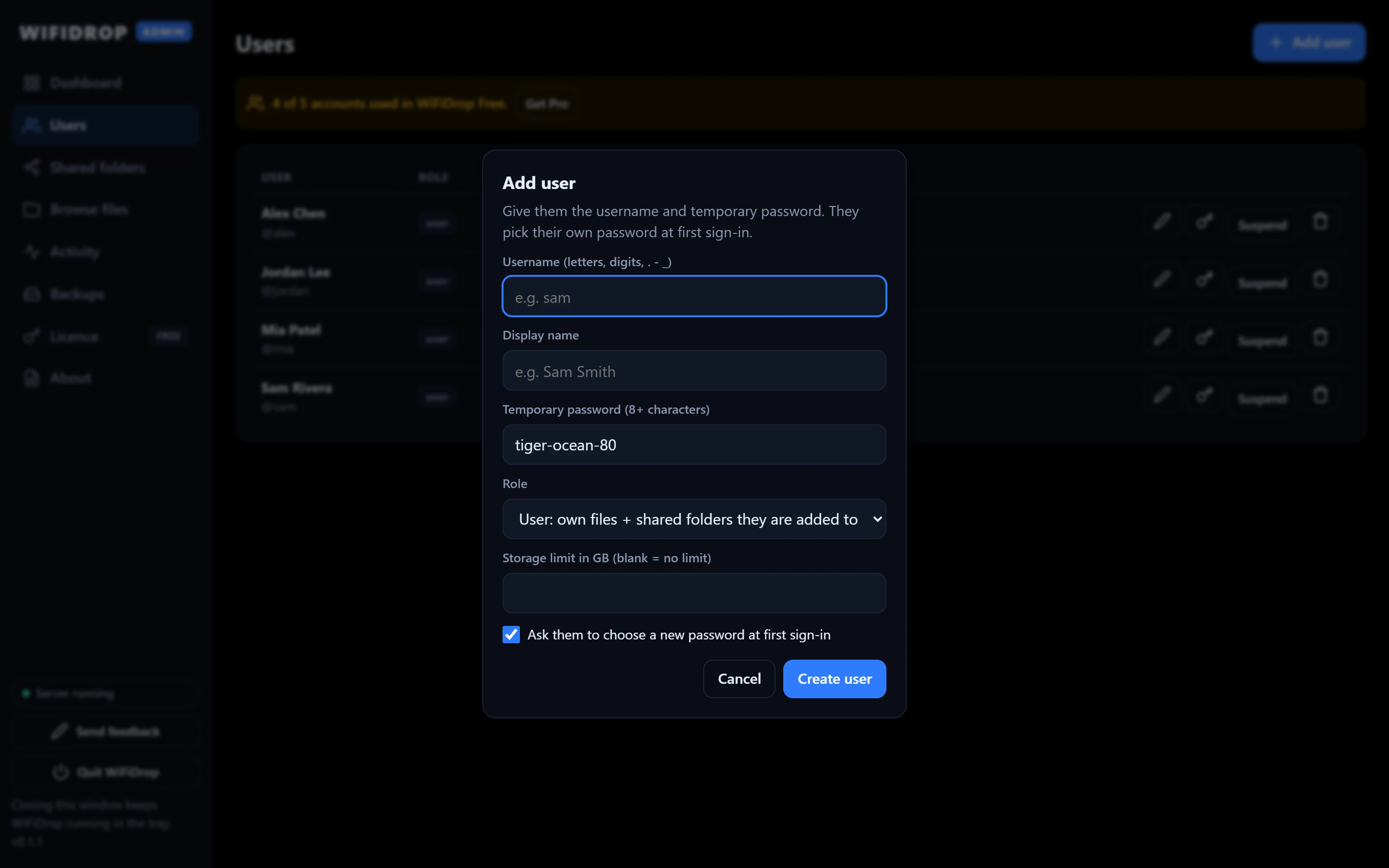 The Add user dialog in the WiFiDrop admin window