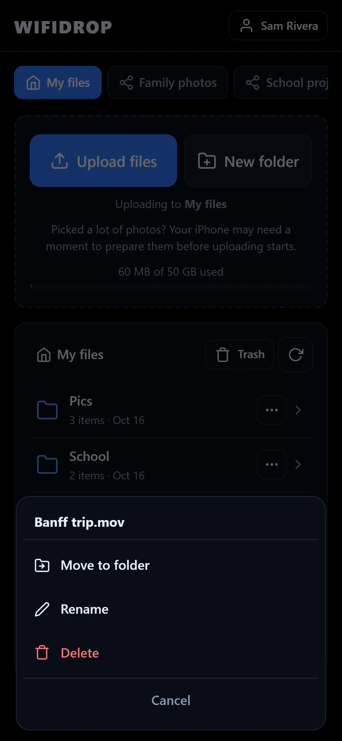 The move, rename and delete menu on a phone